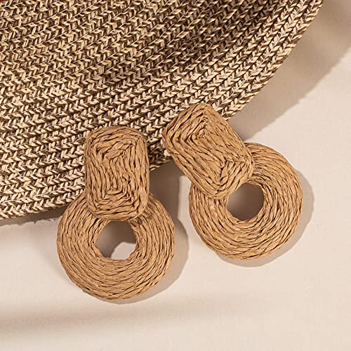 Statement Raffia Earrings Cute Boho Earrings Rattan Dangle Earrings Handmade Straw Wrap Earrings Summer Drop Dangling Earrings for Women Teen Girls - color: Wheat