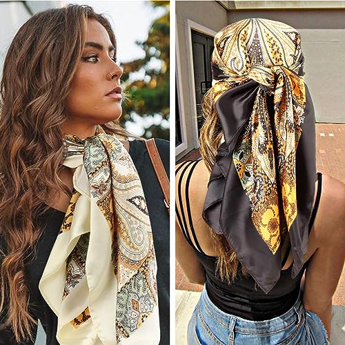 DRESHOW 35” Large Square Satin Head Scarf - 4Pcs Silk Accessories Classic Patterned Squares Beach Bandanas for Women - color: 4 Pcs: Black, Champagne, Green, White a