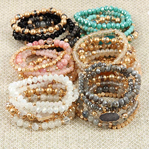 RIAH FASHION Bohemian Acrylic Druzy Multi-Layer Bead Statement Bracelet - Versatile Faux Stone Pendant Stretch Strand Stackable Cuff Bangle Set Sparkly Crystal - color: Bohemian Oval Druzy Set - Light Gray