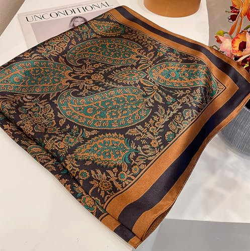 JERLA 100% Pure Mulberry Silk Square Scarf for Hair-27''x27'' Women Men Natural Silk Neckerchief Headscarf - color: Paisley Brown