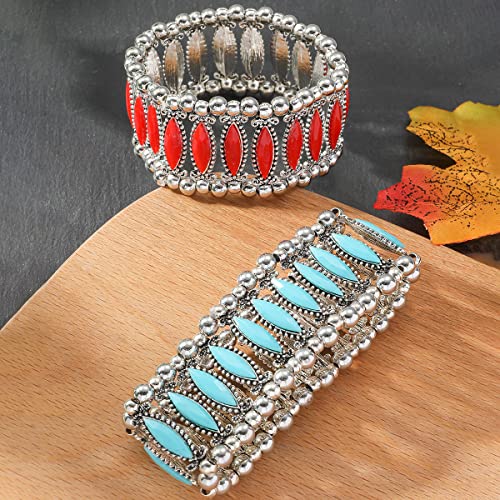 COLORFUL BLING Bohemian Simulated Turquoise Stretch Bangle Bracelet for Women Adjustable Ethnic Natural Stone Statement Wide Wrap Bracelet Boho Jewelry - color: long red