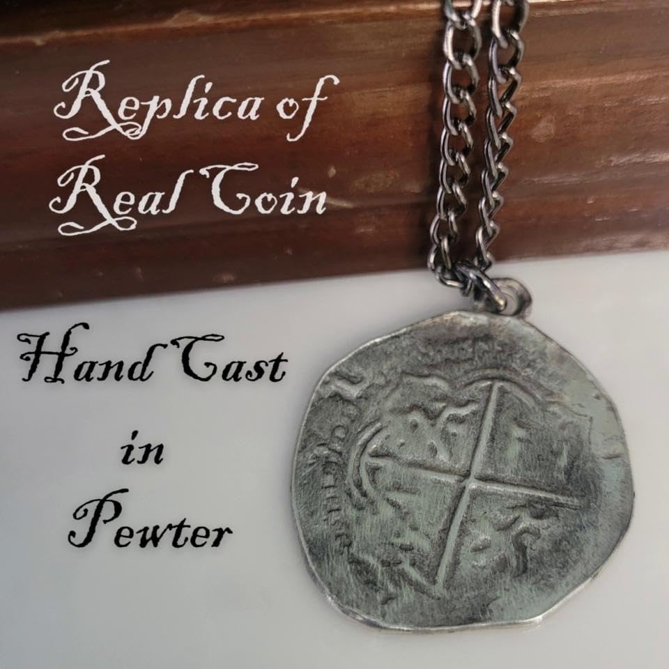 Antique Finished Pieces of Eight Coin Necklace Pewter Replica of Spanish Coin - Pirate's Treasure Necklace - Handcrafted in USA - style: 20.5 Inch Chain Length