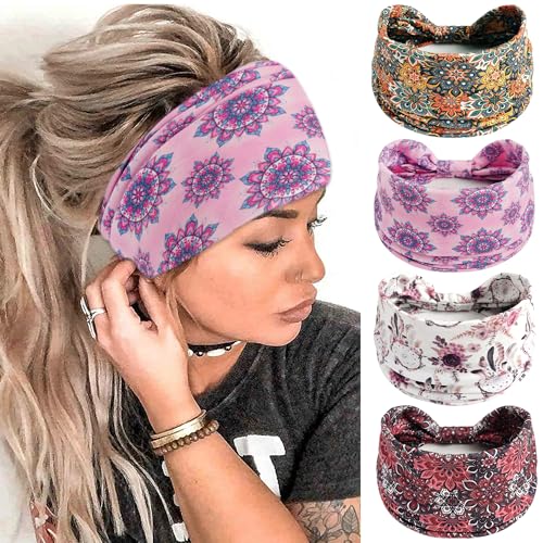 FULZTEY Wide Boho Headbands for Women Fashion Floral Print Bandana Head Bands Large Knotted Hairband Elastic Workout Yoga Turban Thick Headwraps Cute Hair Accessories for Teen Girls 4Pcs - color: Style 85