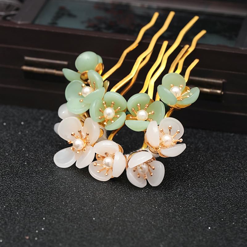 2pcs Jade Flower Hair Pin, Chinese Hair Stick Jade Hairpin, Retro Chignon Pin Traditional Classical Flower Hair Chopstick Hair Styling Accessories for Women, Green - color: 2 green