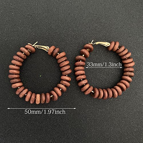 Handmade Nature Wooden Beaded Hoop Earrings Bohemian Minimalist Colorful Circle Round Wood Bead Earrings Vintage Chic Wooden Ethnic Dangle Drop Earrings for Women Statement Jewelry Gifts - color: Brown 4