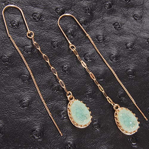 Simulated Druzy Threader Earrings for Women - Gold, Silver, or Rose Gold Tone Long Chain Earrings with Boho Created Geode Stone - color: Gold - Aqua Stone