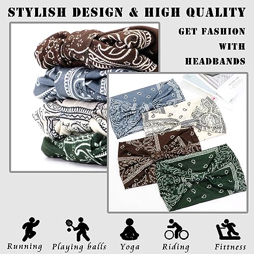 FULZTEY Boho Headbands for Women Fashion Wide Hairbands Knotted Headwarp Non Slip Bandana Stretchy Yoga Workout Sweat Band Paisley Print Turban Trendy Head Bands for Women's Hair Accessories 4 Pack - color: Style 21