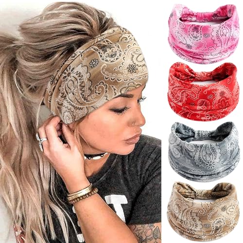 FULZTEY Boho Headbands for Women Wide Knotted Head Bands Paisley Floral Printed Hairbands Elastic Workout Yoga Cotton Turbans Large African Bandana Headwraps Fashion Hair Accessories 4Pcs - color: Style 105