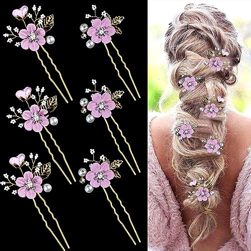6 Pcs Bridal Flower Wedding Hair Pins Crystal Pearl Hair Pins Clips Headpiece Gold Wedding Hair Accessories Jewelry with Rhinestone for Brides Bridesmaids Women Girls Updo (Romantic Lilac Purple) - color: Romantic Lilac Purple