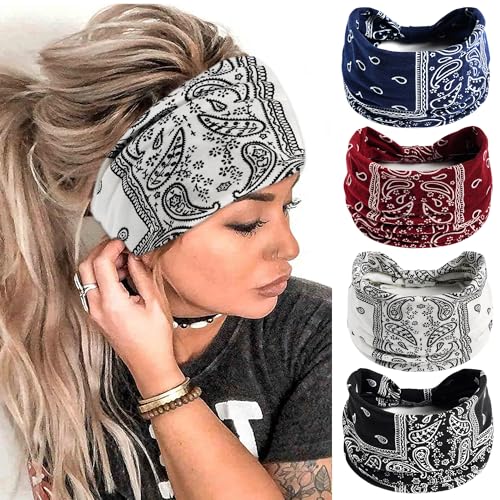 FULZTEY Wide Boho Headbands for Women Paisley Red Bandana Head Bands Non Slip Knotted Hairbands Elastic Sport Workout Headwraps Large African Thick Turban Fashion Hair Accessories 4Pcs - color: Style 111
