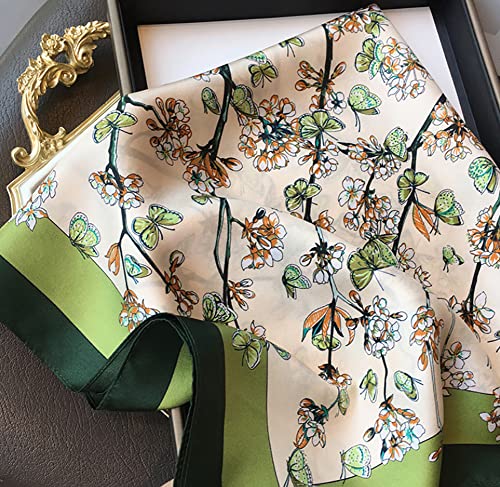 JERLA 100% Pure Mulberry Silk Square Scarf for Hair-27''x27'' Women Men Natural Silk Neckerchief Headscarf - color: Green Flower