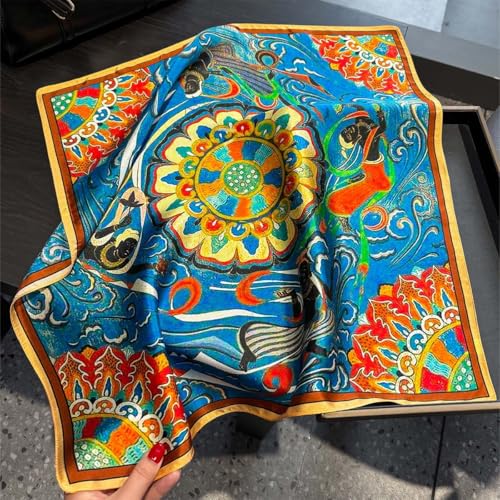MEISEE 100% Pure Mulberry Silk Scarf 21" Square Scarf Neckerchief Headscarf Breathable Lightweight for Women Gift Packed - color: Blue and Orange Ethnic Style