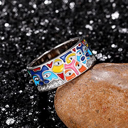 QUSIIOSLK 925 Sterling Silver Enamel Eye Rings Inlay AAA Cubic Zirconia Enamel Ring Boho Retro Turkish Handmade Engraved Coloful Eye Y2K Ring Jewelry Gift for Women 7 - size: 7