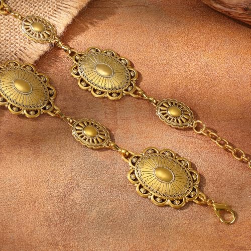 XZQTIVE Women Boho Chain Belts For Dresses Jeans Western Cowgirl Waist Links Belt Adjustable Metal Concho Belt - color: Matte Gold(double Flower), size: Fit Waist up to 35 In