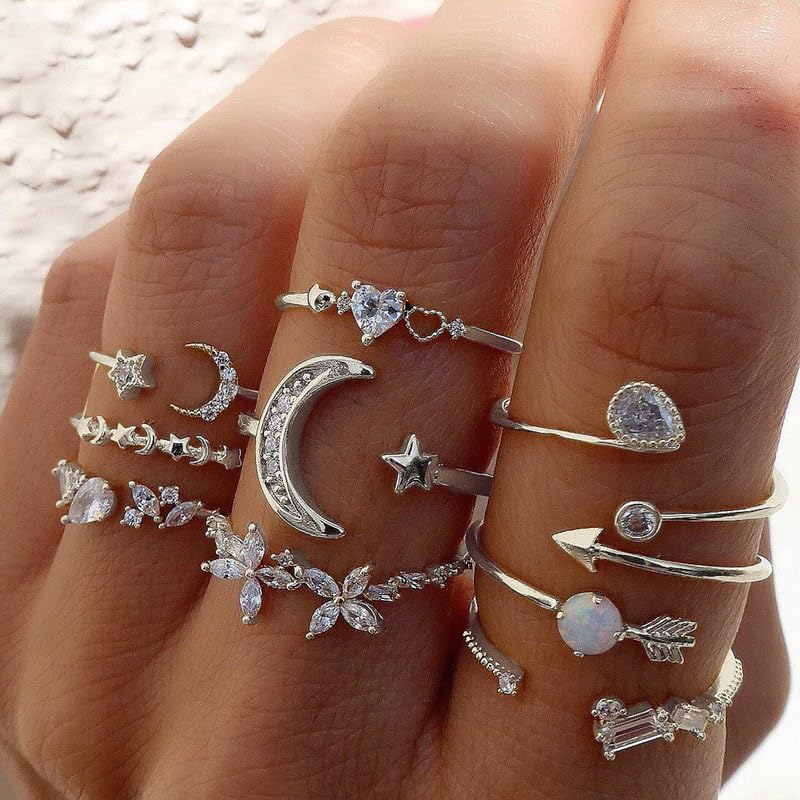 INENIMARTJ Boho Rings for Women Teen Girls,Gold Stacking Rings Set Vintage Knuckle Stackable Moon Star Snake Butterfly Heart Flower Leaf Top Finger Rings - color: Hsilver