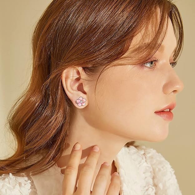 Pink Flower Earrings for Women, 925 Sterling Silver Stud Earrings, Cute Plumeria Earrings For Women, Cherry Blossom Hypoallergenic Stud - color: *New Pink