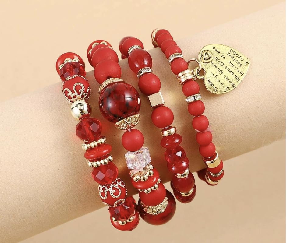 Women Beaded Bracelet Set | Colorful Boho Stackable Trendy Design with Crystal Accents Multilayer Bangle Bracelet | Fashion Stretch Braclets Jewelry for Women - color: Dark Red