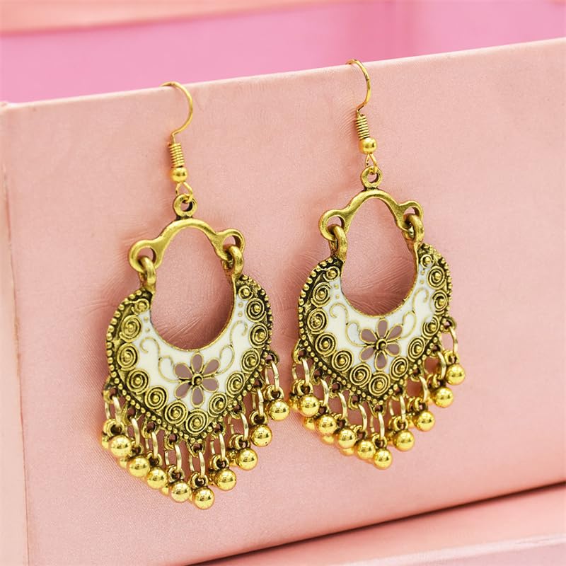 Vintage Boho Statement Drop Dangle Earrings for Women Bohemian Ethnic Handmade Beaded Charms Earring Bohemian Retro Chandelier Tassel Earrings Mexico Gypsy Jewelry Gift - color: Gold-White