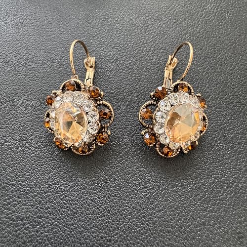 Handmade Bohemian Vintage Gold Sparkly Crystal Round Flower Leverback Earrings Cute Rhinestone Geometry Dangle Drop Earring for Women - color: Champagne