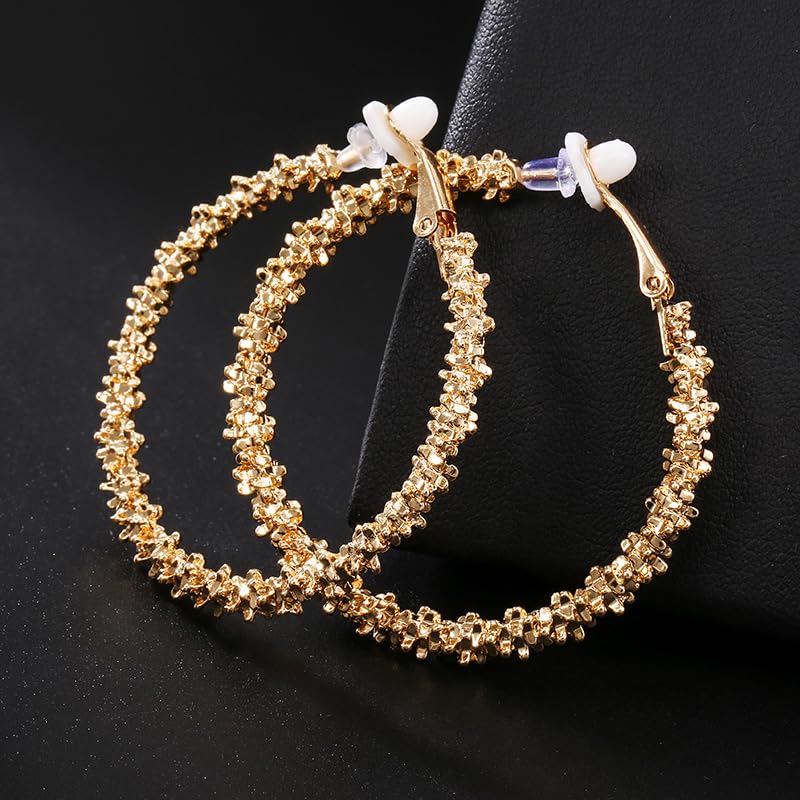 Symvikio Large Clip On Hoop Earrings for Women,14K Gold Big Circle Clip Hoops Chunky Earring Clips for Non Pierced Ears Lightweight Jewelry Gifts 50mm - color: Gold