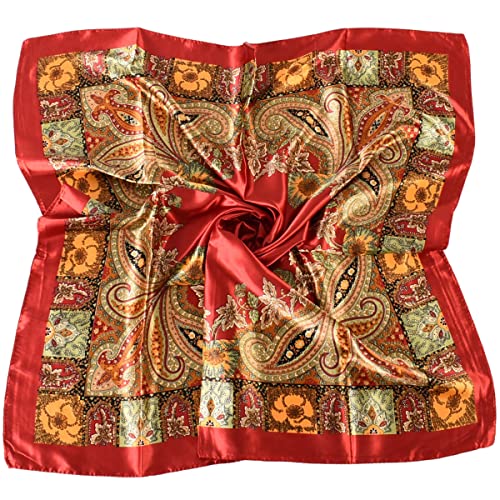 35 x 35 Women's Fashion Pattern Large Square Silk Like Hair Scarf Head Sleeping Wrap Satin Neck Bandana for Gift… - color: Big Cashew Red