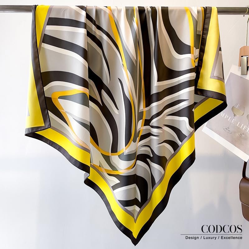 Women's Square Silk Like Head Scarf Large 35 inch Silk Feeling Hair Wrapping Satin Scarves for Sleeping Bandanas - color: A020-2 Twill Letter S Yellow