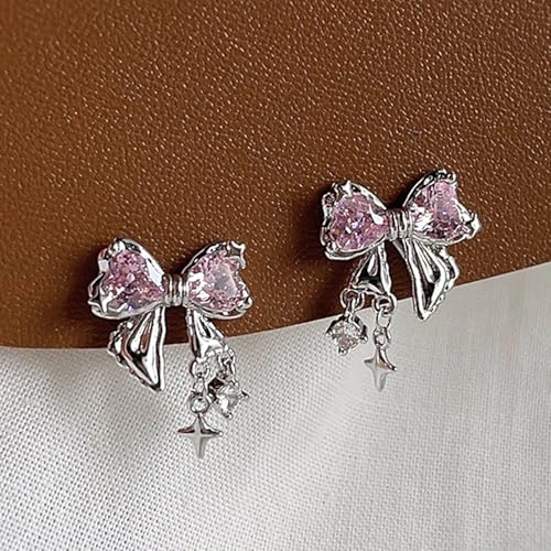 Rhinestone Bow Earrings for Women, Elegant Bridal Jewelry Statement Drop Dangle Earrings, Wedding Guest Dress Matching Accessories, Bridesmaid Gift, Sparkling Party Costume Outfit - color: C1:Pink Bow Earrings