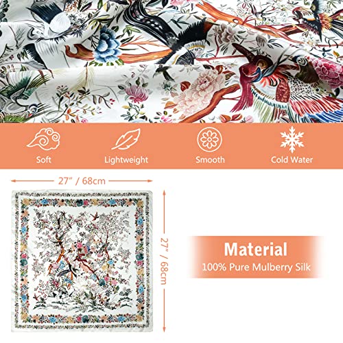 Stlvoll 100% Silk Head Scarf for Women - 27" Hair Scarves Satin Bandanas Square for Night Sleeping with Gift Packed - color: White/Flower/Bird