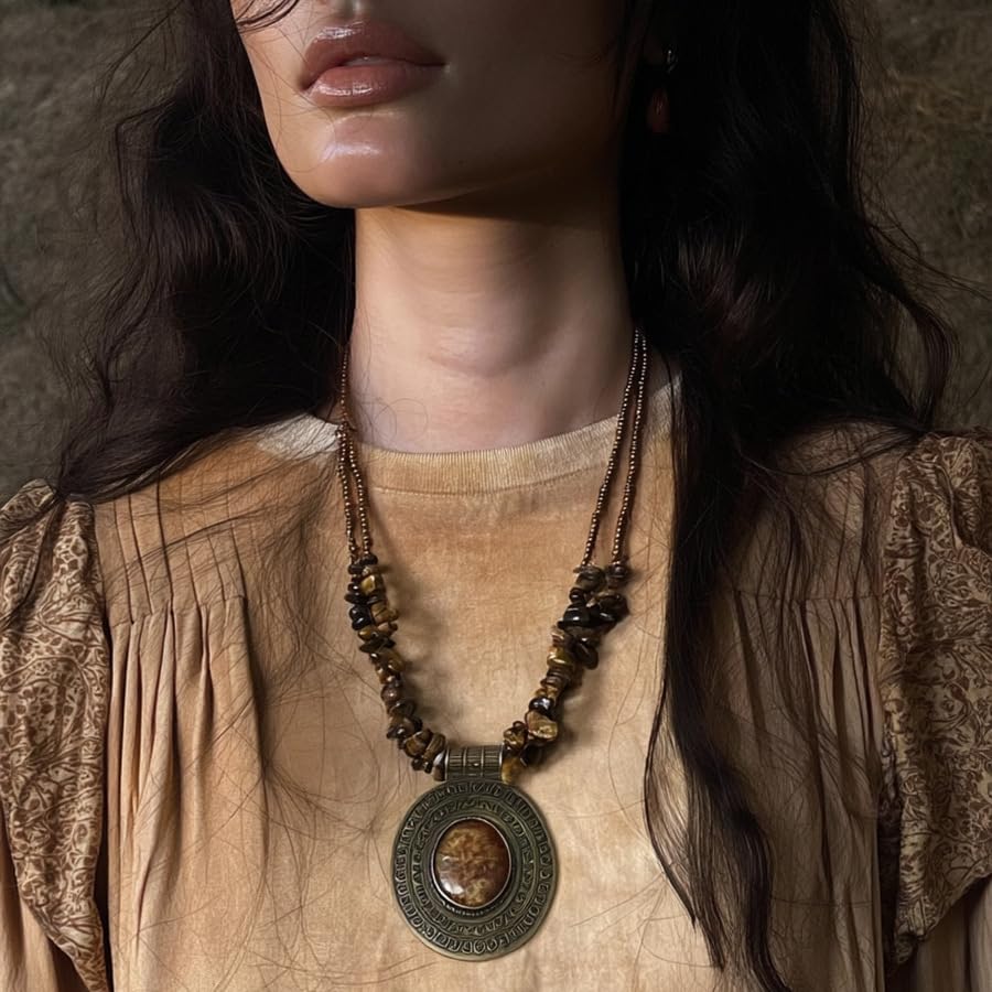 Bohemian Vintage Pendant Necklace Aesthetic Boho Chunky Adjustable Stacked Necklace for Woman Ethnic Tribal Jewelry - style: Bohemian 1