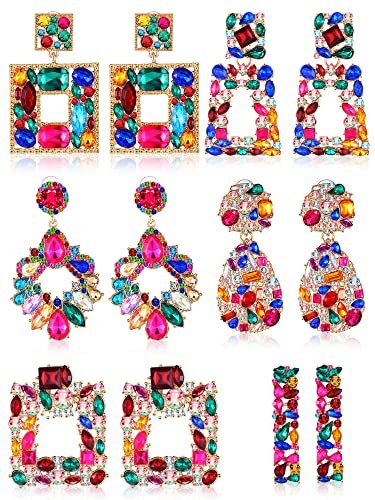 Kigeli 6 Pairs Multicolor Earrings for Women Rhinestone Colorful Statement Crystal Geometric Drop Dangle Teardrop Diamond Earrings for Christmas Prom Party Jewelry Gifts Collection