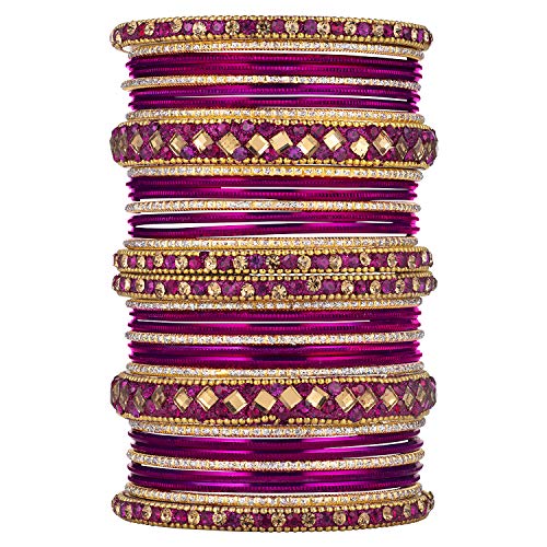 Aheli Ethnic Colorful Metal Bangles Chudha Set Stone Studded Bangle Set Indian Wedding Wear Fashion Jewelry Gift for Women Blue - color: Rani Pink