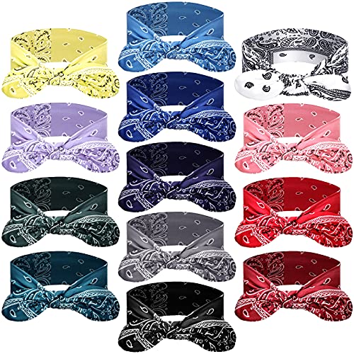 WILLBOND 13 Pieces Bandana Headband for Women Paisley Hair Bandanas Boho Bow Headbands Elastic Knot Rabbit Ear Head Wrap Cute Hair Accessories for Women 7.87x2.75 Inch(Chic Color) - color: Chic Color