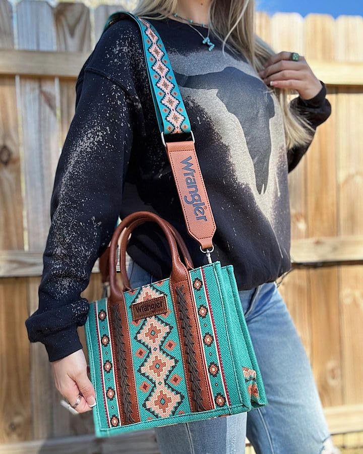 Wrangler Tote Bag for Women Western Purse and Aztec Satchel Handbag - color: Angel Diamond Teal Blue (Guitar Strap)