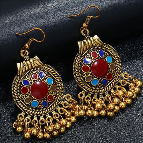 Vintage Boho Statement Drop Dangle Earrings for Women Bohemian Ethnic Handmade Beaded Charms Earring Bohemian Retro Chandelier Tassel Earrings Mexico Gypsy Jewelry Gift - color: Gold Round Red