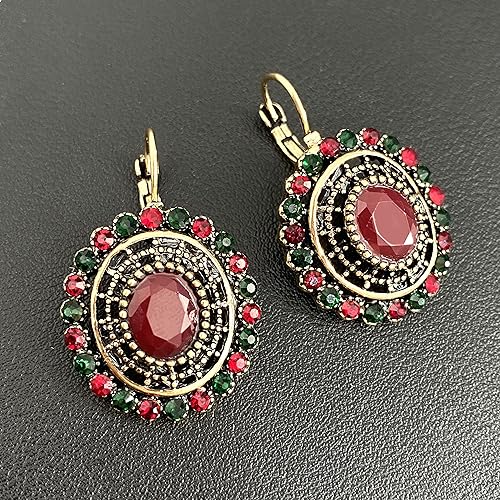 Unique Bohemian Vintage Sparkly Crystal Colorful Round Flower leverback earrings Boho Retro Bronze Circle Beaded Flower Floral Dangle Drop Earrings for Women - color: Red 9