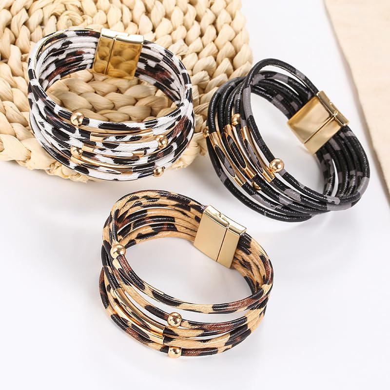 Circle Charm Leather Wrap Bracelet Bohemia Multilayer Leopard Handcrafted Layered Cuff Boho Multi-Chain Bracelet for Women Teen Holiday Jewelry - color: Style A