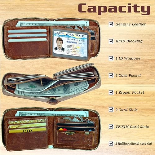 Admetus Mens RFID Blocking Wallets Zipper Leather Wallet for Men Bifold RFID Card Holder - color: Brown159