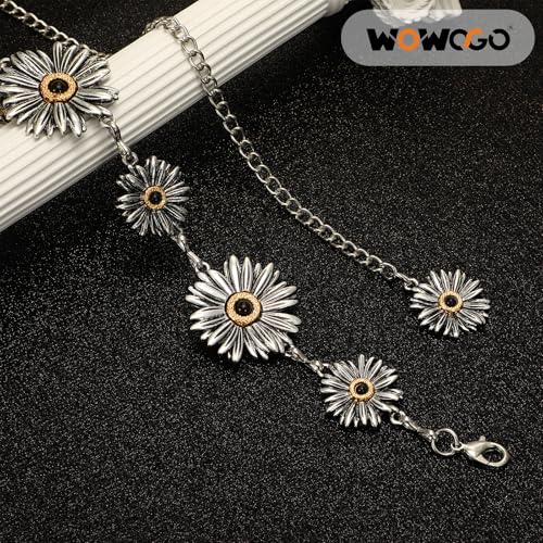 Western Turquoise Chain Belt for Women with Daisy Pattern Cowgirl Concho Metal Waist Belt for Boho Country - color: 4-silver(black Stone), size: Fit for Mid Waist up to 43"