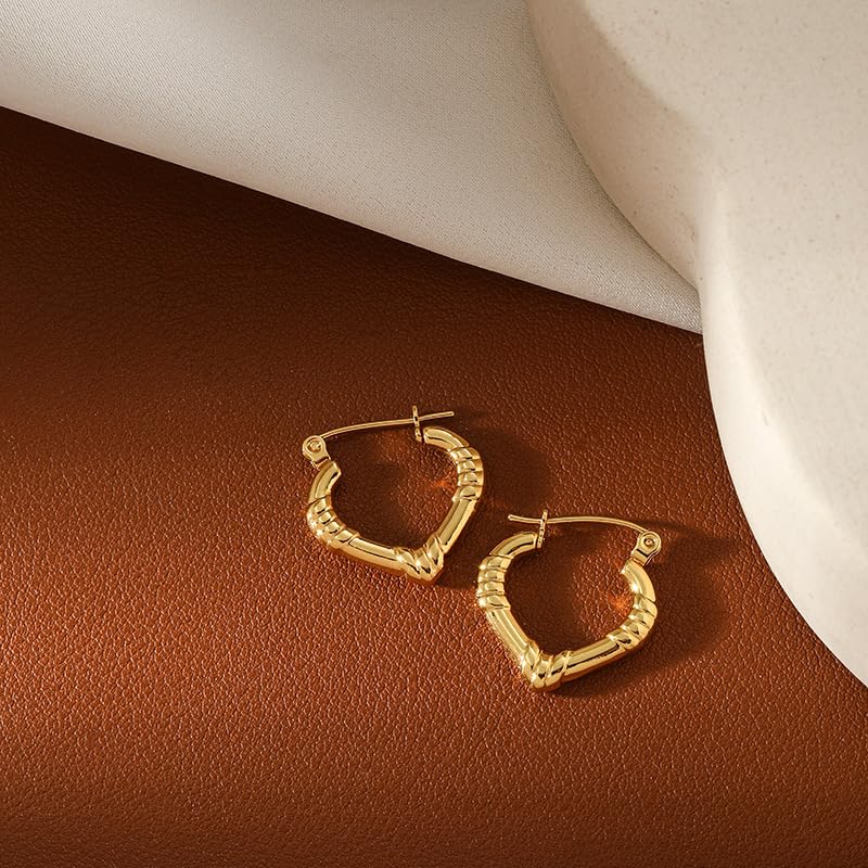 18K Gold Plated Bamboo-Textured Heart Hoop Earrings – Vintage Tribal Style Lightweight Earrings for Women