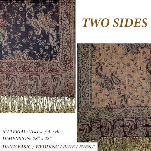 Achillea Reversible Paisley Pashmina Rave Scarf – Exotic Indian Shawls and Wraps for Evening Dresses, Festivals, All Seasons - color: Navy