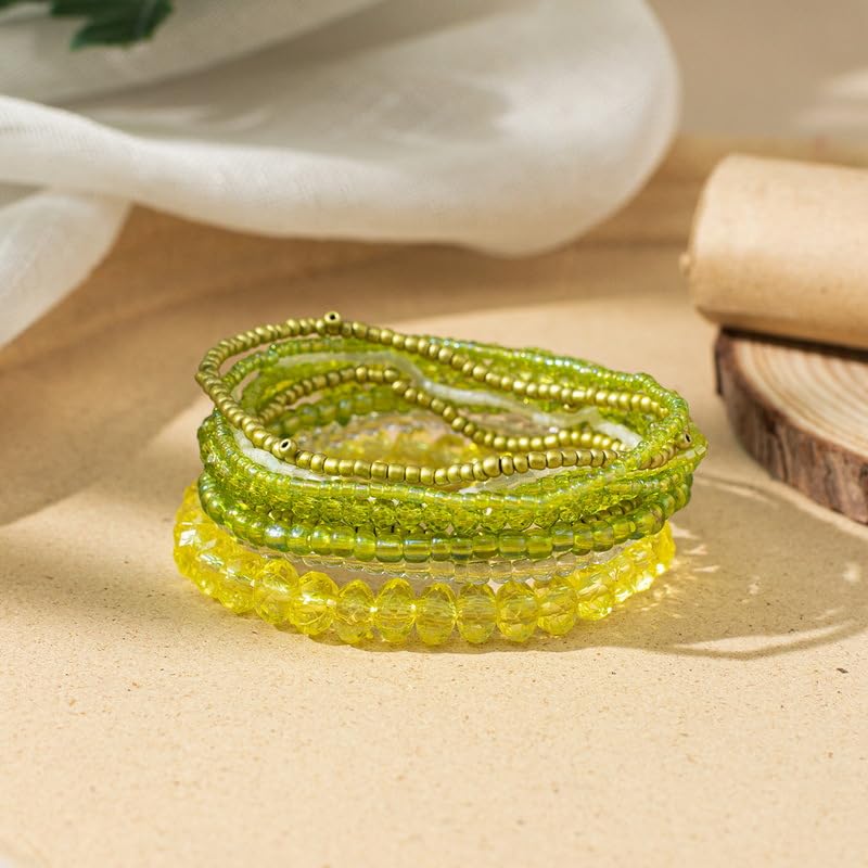 Caiyao Bohemian Multilayer Stackable Seed Beaded Bracelets Colorful Crystal Glass Beads Strand Bangle Bracelet BFF Wristbands Bracelet for Women Summer Beach Hawaii Jewelry Birthday Gifts - color: Yellow