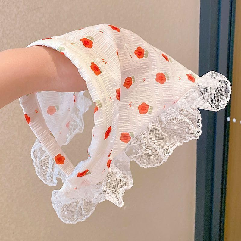 Women's Lace Bandana Headband, Vintage Gingham Triangle Scarf with Bow, French Retro Style for Boho Chic & Casual Outfits (26-Little flower, One Size) - color: 26-Little flower