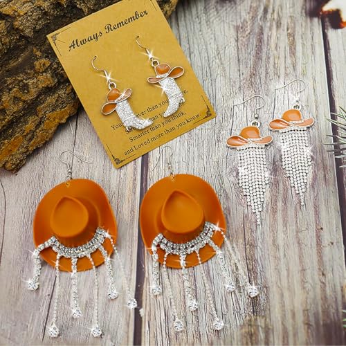 RechicGu 3 Pairs Western Cowgirl Cowboy Hat Earrings Set Silver Symmetric Boots Sparkly Rhinestone Tassels Drop Dangle Rural Culture Earrings Set For Women - color: Silver Boots,Brown Hat