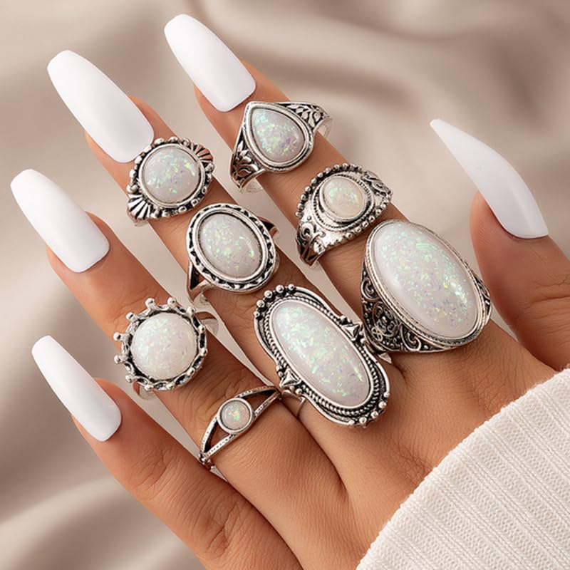 GIGB PBDK Silver Stackable Opal Knuckle Ring Set for Women Lady Boho Vintage Oval Gemstone Ring Geometric Joint Finger Stacking Nail Ring Jewelry