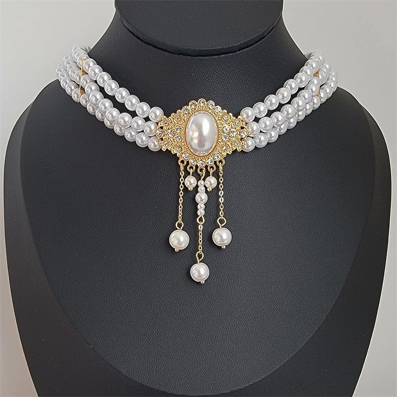 Bethynas Boho Layered Pearl Rhinestones Choker Necklace Vintage Chunky Pearl Crystal Pendant Short Necklace Chain Bridal Prom 1920s Costume Party Jewelry for Women - color: Pearl 2