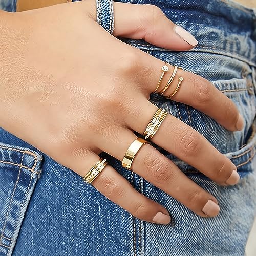 NOKMIT 5mm 14K Gold Filled Rings for Women Girls Dainty Thick Wedding Band Couple Anniversary Engagement Thumb Ring Gifts High Polished Plain Flat Cigar Band Tarnish Resistant Comfort Fit Size 4 to 11 - color: Gold-Half-Eternity