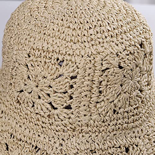 Women Straw Sun Hat Floral Woven Crochet Bucket Hat Y2k Aesthetic Accessories Beach Hat Hand Woven Boho Foldable Cap - color: Beige