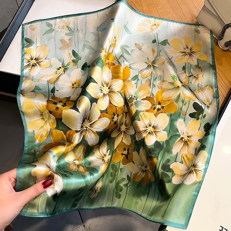 MEISEE 100% Pure Mulberry Silk Scarf 21" Square Scarf Neckerchief Headscarf Breathable Lightweight for Women Gift Packed - color: M3 Yellow Green Flower