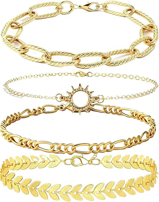 Alegend Titanium Steel (Not Rust, Resist Corruption, Easily Clean) 18K Gold Plated Single Bracelets + 14K Gold Plated Stackable Multilayer Bracelets - style: 14KGold + 4PCS F