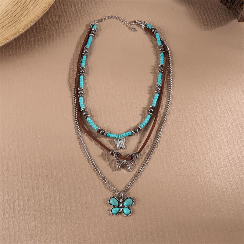 Pingyongchang Boho Layered Western Turquoise Necklaces for Women Vintage Stone Beaded Chokers Butterfly Catus Chain Country Concert Cowgirl Cowboy Jewelry Holiday Gifts - style: B Butterfly